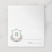 紫と白の花の紋章の結婚式 プレイスカード (外部開封)