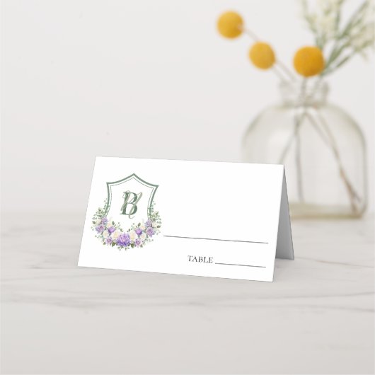紫と白の花の紋章の結婚式 プレイスカード (正面)