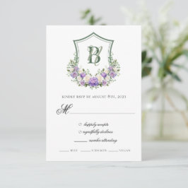 紫と白の花の紋章の結婚式 出欠カード