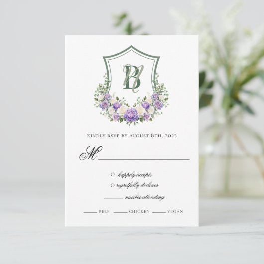 紫と白の花の紋章の結婚式 出欠カード (スタンド正面)