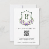 紫と白の花の紋章の結婚式 出欠カード (正面)