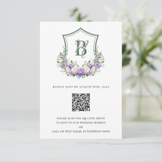 紫と白の花の紋章の結婚式 出欠カード (スタンド正面)
