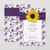 紫と白の花柄のダマスク婚礼返信カード 出欠カード (正面/裏面)