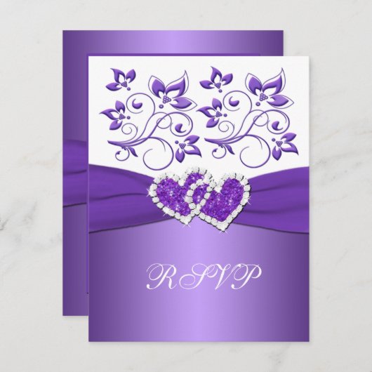 紫と白の花模様のハートがつながったRSVPカード 出欠カード (正面/裏面)