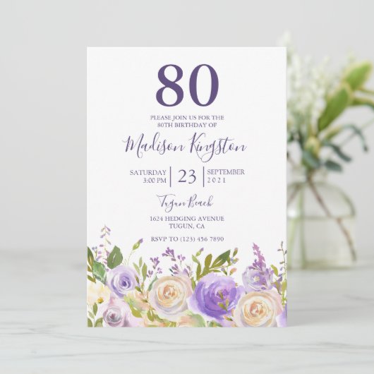 紫と白の花80th誕生日パーティー招待状 招待状 (スタンド正面)