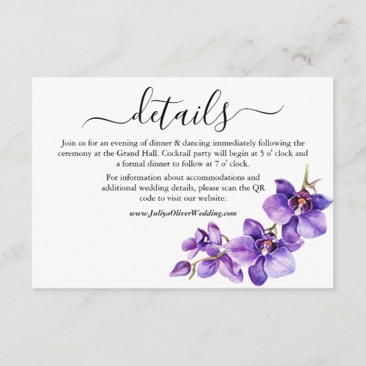 紫と白の蘭結婚の詳細 エンクロージャーカード (正面)