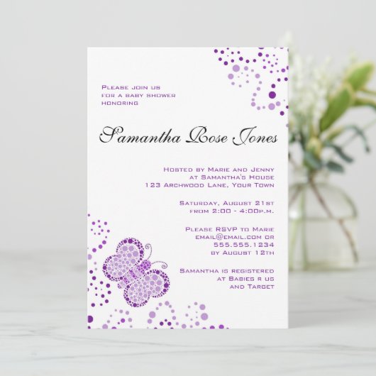 紫と白の蝶のベビーエレガントシャワー 招待状 (スタンド正面)