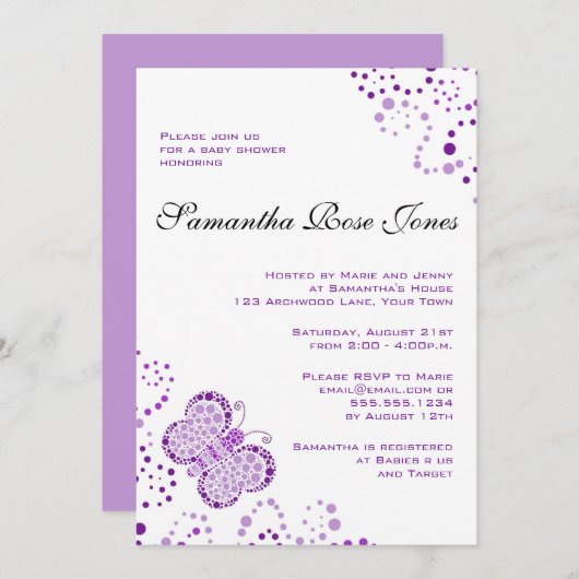 紫と白の蝶のベビーエレガントシャワー 招待状 (正面/裏面)