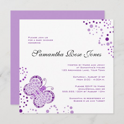 紫と白の蝶のベビーエレガントシャワー 招待状 (正面/裏面)