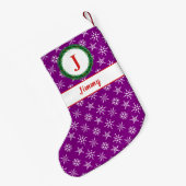 紫と白の雪の結晶　あなたの名前の花輪　モノグラム スモールクリスマスストッキング (裏面 (吊り時))