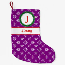 紫と白の雪の結晶　あなたの名前の花輪　モノグラム スモールクリスマスストッキング