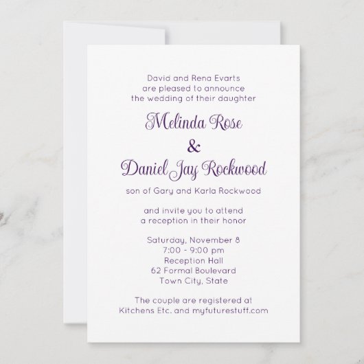 紫と白エレガントの渦巻き式レセプション 招待状 (正面)