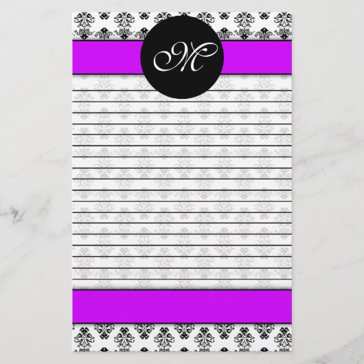 紫と白パーソナライズされたのダマスク線付きモノグラム 便箋 (正面)