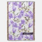 紫と白マグノリア花の水彩模様 スローブランケット (正面縦)