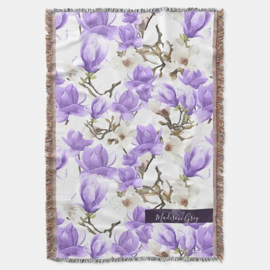 紫と白マグノリア花の水彩模様 スローブランケット (正面縦)