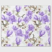 紫と白マグノリア花の水彩模様 ラッピングペーパー (フラット)