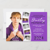 紫と白ユニークのフィルムストリップ6写真卒業 招待状 (正面)