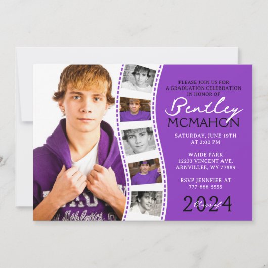 紫と白ユニークのフィルムストリップ6写真卒業 招待状 (正面)