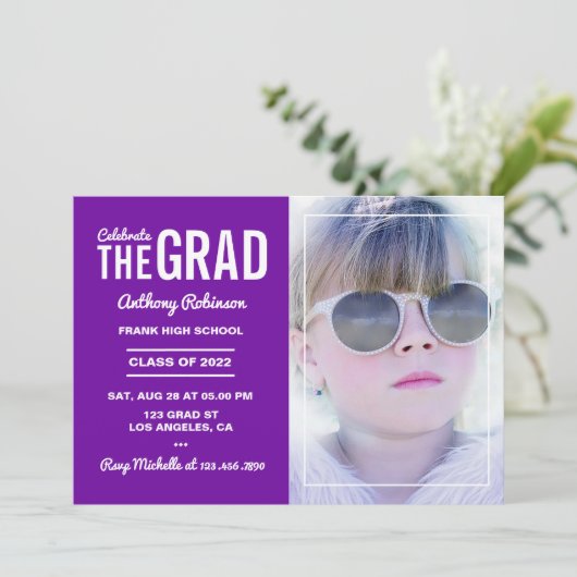 紫と白王室のの卒業式パーティー写真 招待状 (スタンド正面)