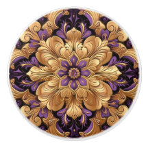 紫と素晴らし金ゴールドフローラセラミックノブ