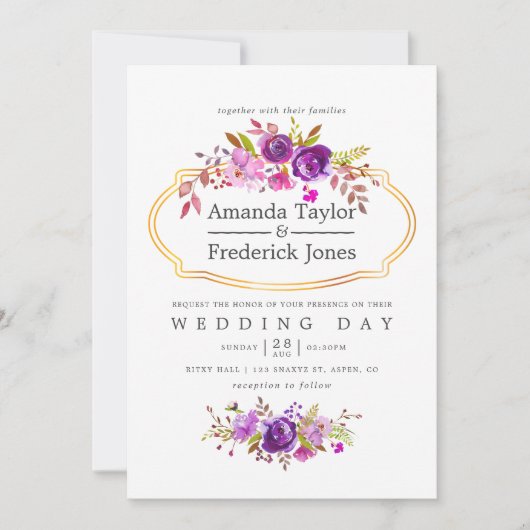 紫と紫の水の色のフローラ結婚式の招待 招待状 (正面)