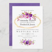 紫と紫の水の色のフローラ結婚式の招待 招待状 (正面/裏面)