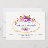 紫と紫の水の色のフローラ結婚式の招待 招待状 (正面)