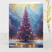 紫と絵を描金ゴールドの夢のクリスマスツリー カード (黄色い花)