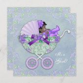 紫と緑のアフリカ系アメリカ人のベビーガールシャワー 招待状 (正面/裏面)