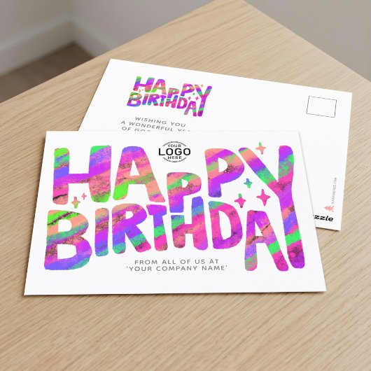 紫と緑のカラフルな手書きの誕生日ロゴ ポストカード