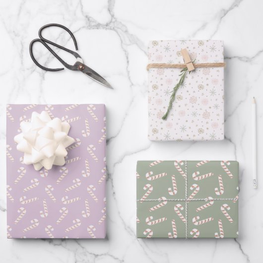 紫と緑のキャンディカネス雪の結晶クリスマス ラッピングペーパーシート (正面)