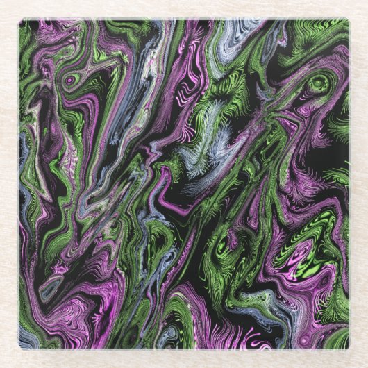 紫と緑のシルクの糸効果液体アート ガラスコースター (正面)