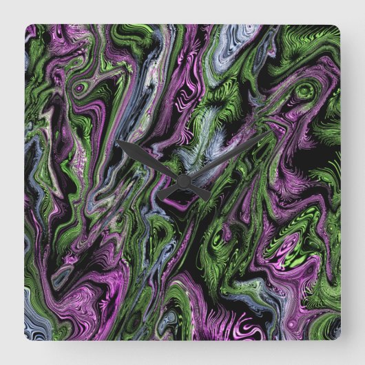 紫と緑のシルクの糸効果液体アート スクエア壁時計 (正面)