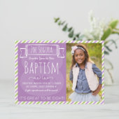 紫と緑のストライプLDSバプテスマ発表 招待状 (スタンド正面)