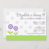 紫と緑のデイジー水玉模様誕生会 招待状 (正面)