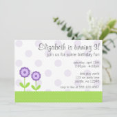 紫と緑のデイジー水玉模様誕生会 招待状 (スタンド正面)