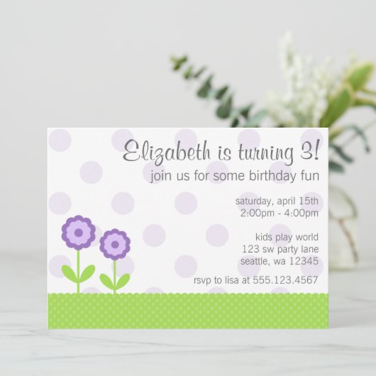 紫と緑のデイジー水玉模様誕生会 招待状 (スタンド正面)