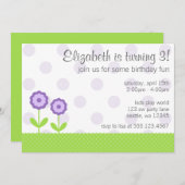 紫と緑のデイジー水玉模様誕生会 招待状 (正面/裏面)