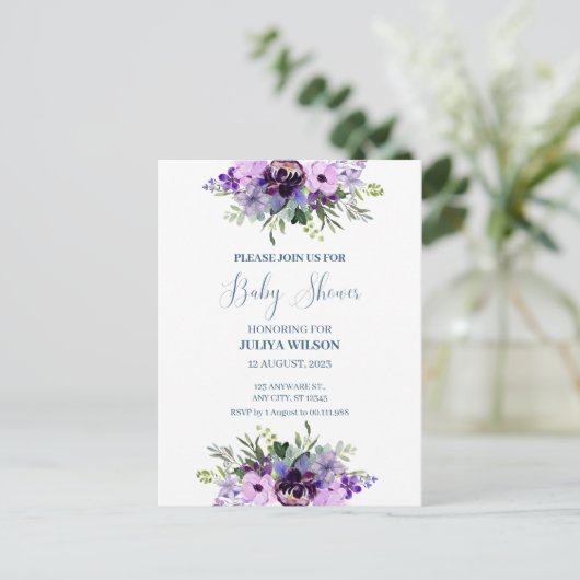 紫と緑のフローラの赤ちゃんシャワーポストカード ポストカード (スタンド正面)