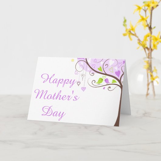 紫と緑のフローラの鳥の母の日 カード (黄色い花)