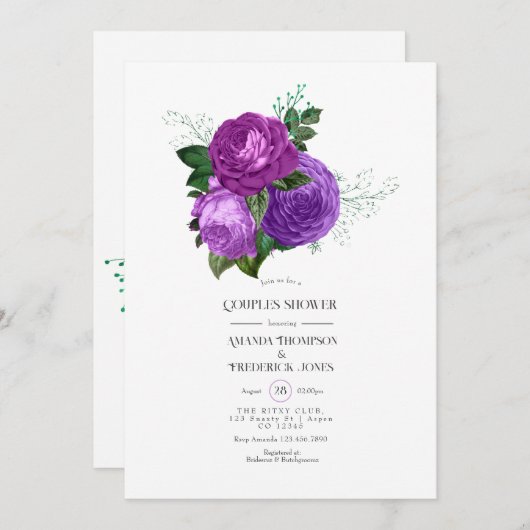 紫と緑のフローラカップルのシャワー招待状 招待状 (正面/裏面)