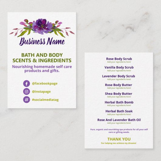 紫と緑のフローラスパ成分リスト 名刺 (正面/裏面)