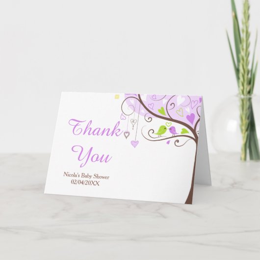 紫と緑のフローラバードバードシャワーありがとう サンキューカード (正面)