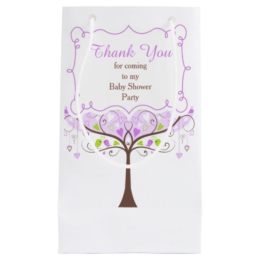 紫と緑のフローラバードバードシャワーありがとう スモールペーパーバッグ (正面)