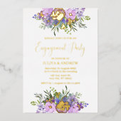 紫と緑のフローラ婚約パーティ 箔招待状 (正面)
