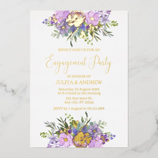 紫と緑のフローラ婚約パーティ 箔招待状 (正面)