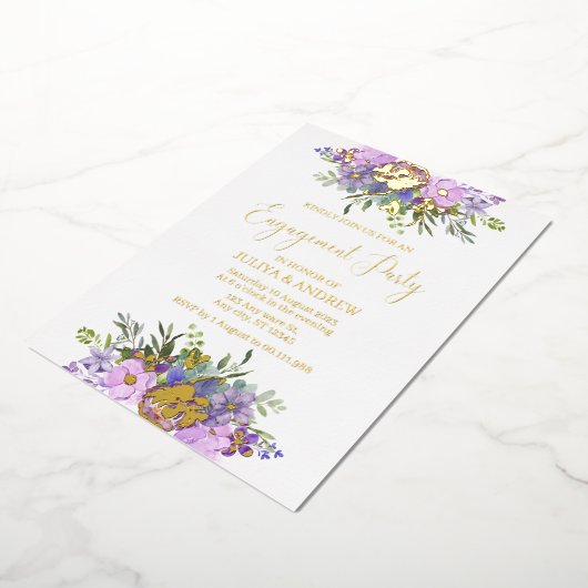紫と緑のフローラ婚約パーティ 箔招待状 (回転した状態)
