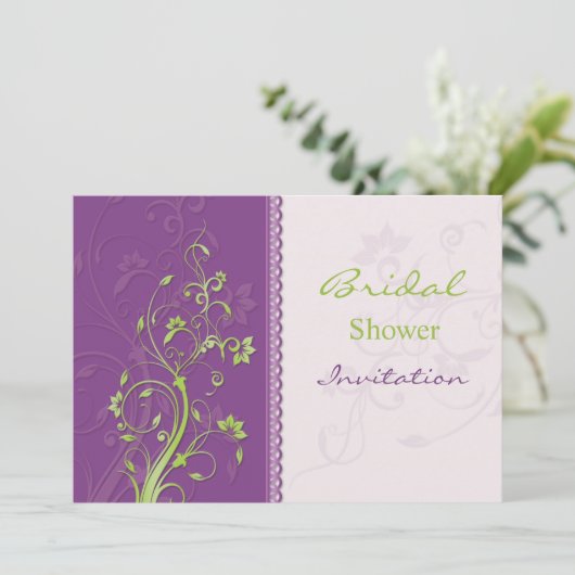 紫と緑のフローラ渦巻きブライダルシャワー招待状 招待状 (スタンド正面)