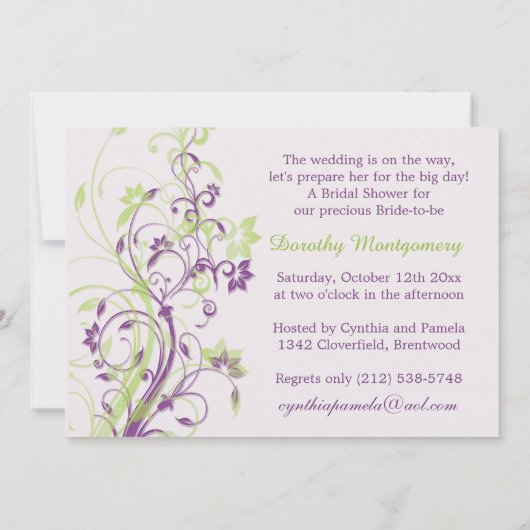 紫と緑のフローラ渦巻きブライダルシャワー招待状 招待状 (裏面)