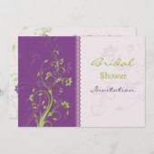 紫と緑のフローラ渦巻きブライダルシャワー招待状 招待状 (正面/裏面)